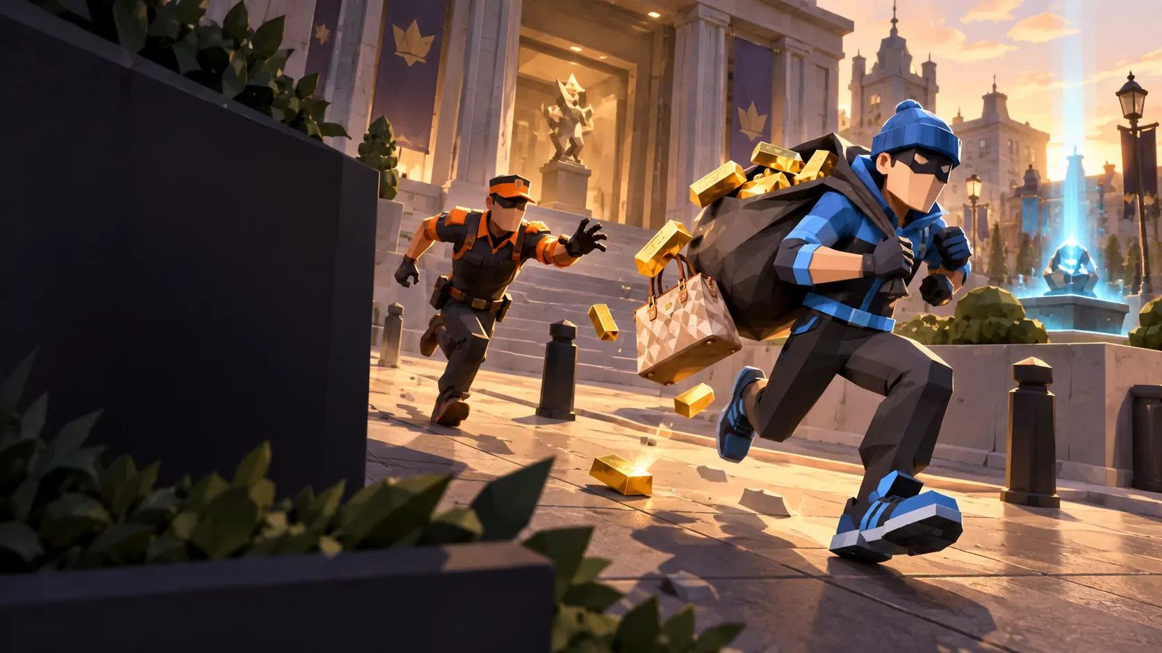 Artist impression of a blue-clad Snatcher escaping a museum with an overfilled loot bag while an orange-clad Catcher gives chase