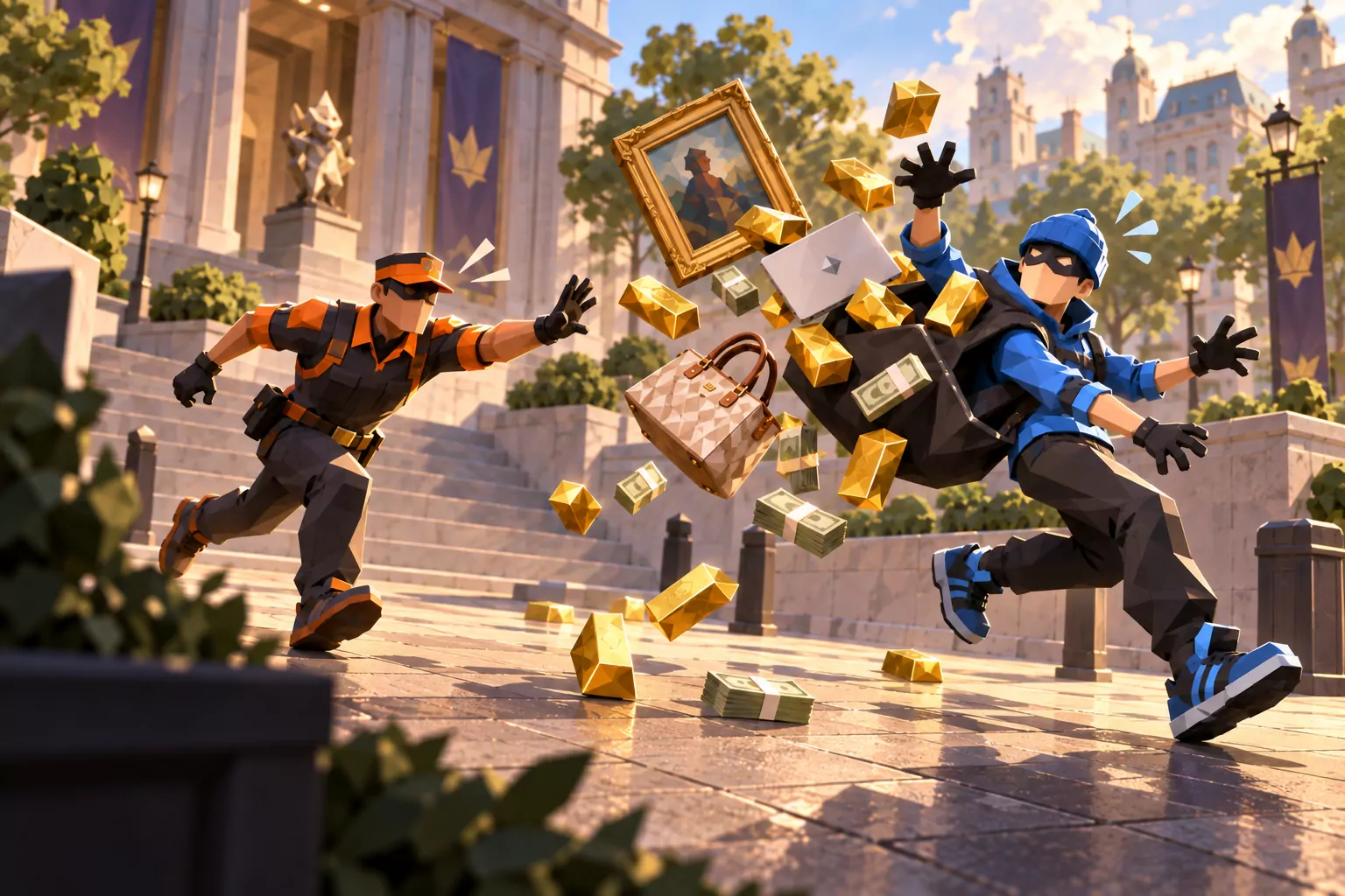 Artist impression of a Catcher tagging a Snatcher as the stolen haul scatters through the air