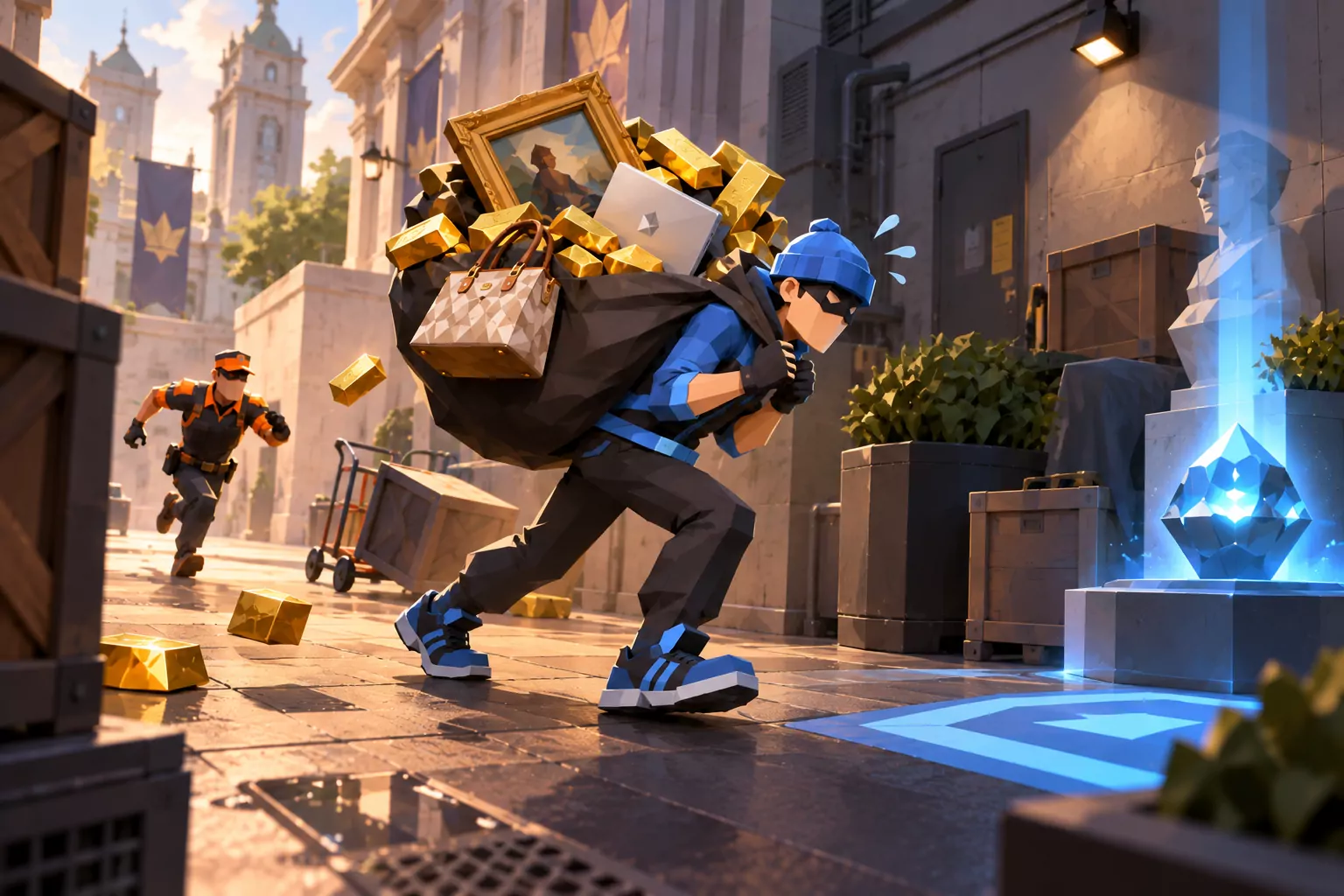 Artist impression of an overloaded Snatcher struggling toward the stash while a Catcher closes in